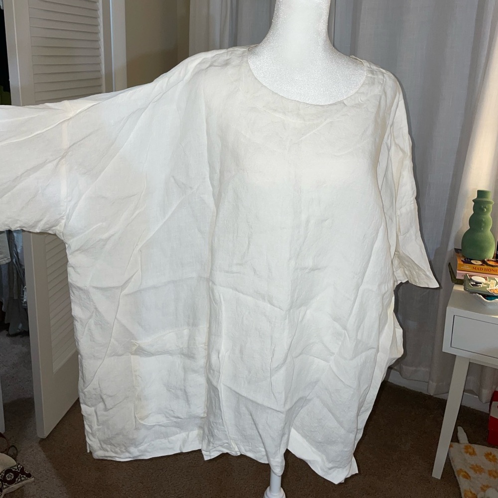 Eskandar Sz 1 Generous O/S 32"Long WHITE Linen Boxy Bateau Neck Shirt Top
